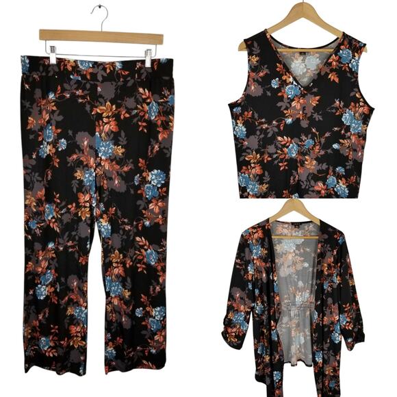 IMAN Other - IMAN Stretch Slinky Knit 3 Piece Set Black Floral Tank Jacket Pants Size XL